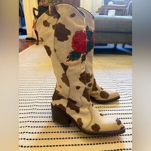 Cow Print Heeled Boots with Red Rose Embroidery